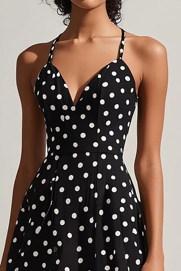 Svart Hvit Spaghetti Stropper A-linje Polka Dots Kjole